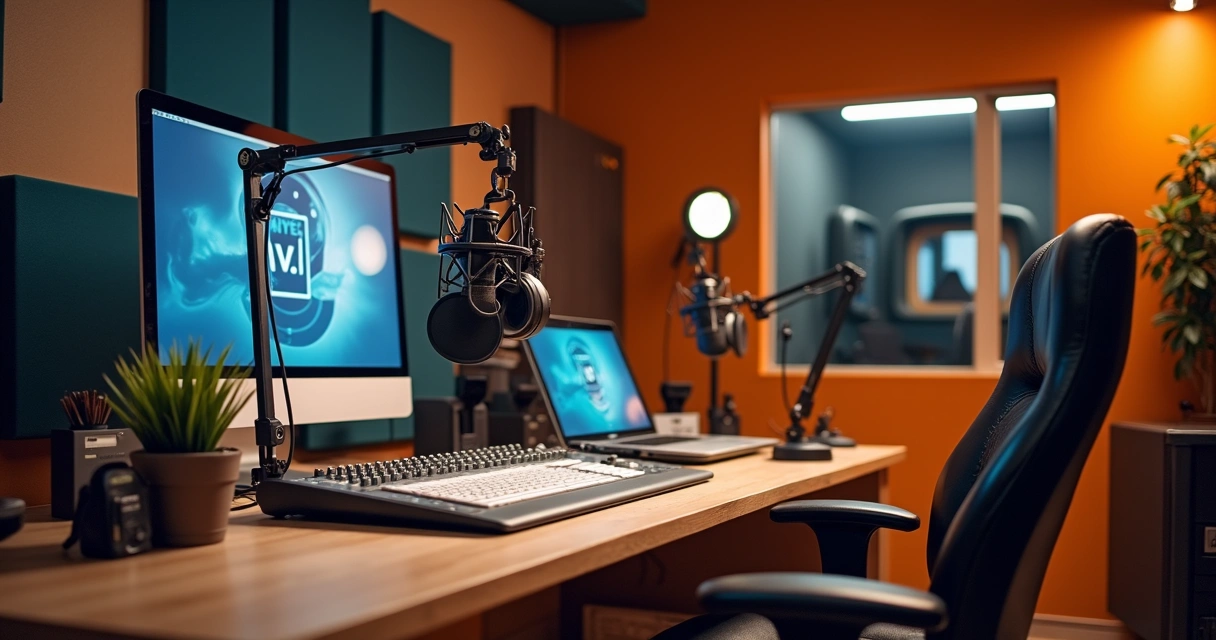 Equipamentos avançados em estúdio de podcast com isolamento acústico e ambiente confortável 
