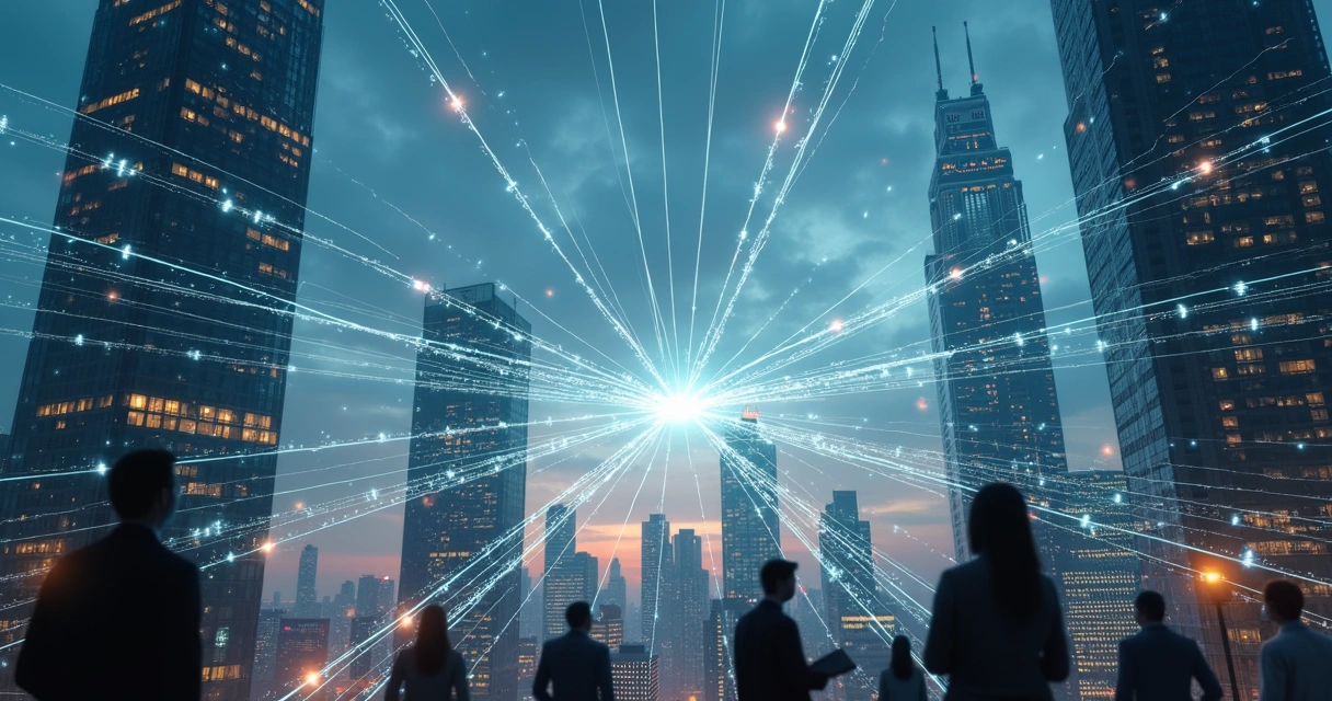 Estrutura de fibra óptica desocupada, parcialmente iluminada, conectando prédios altos em uma cidade moderna 