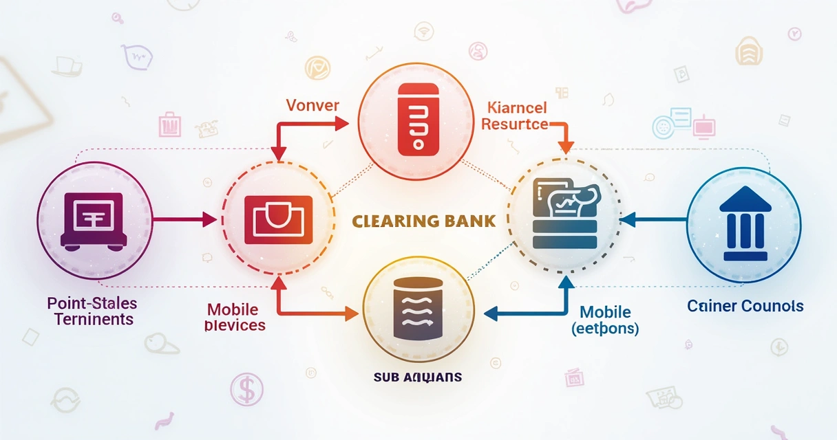 Diagrama colorido do fluxo financeiro de um banco liquidante, com setas vibrantes entre adquirente, subcredenciador, contas reserva e APIs 
