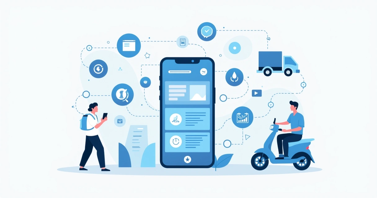 Ilustração corporativa flat mostrando infraestrutura digital para restaurantes, com ícones de PDV, controle de estoque e gestão financeira conectados a um smartphone central 