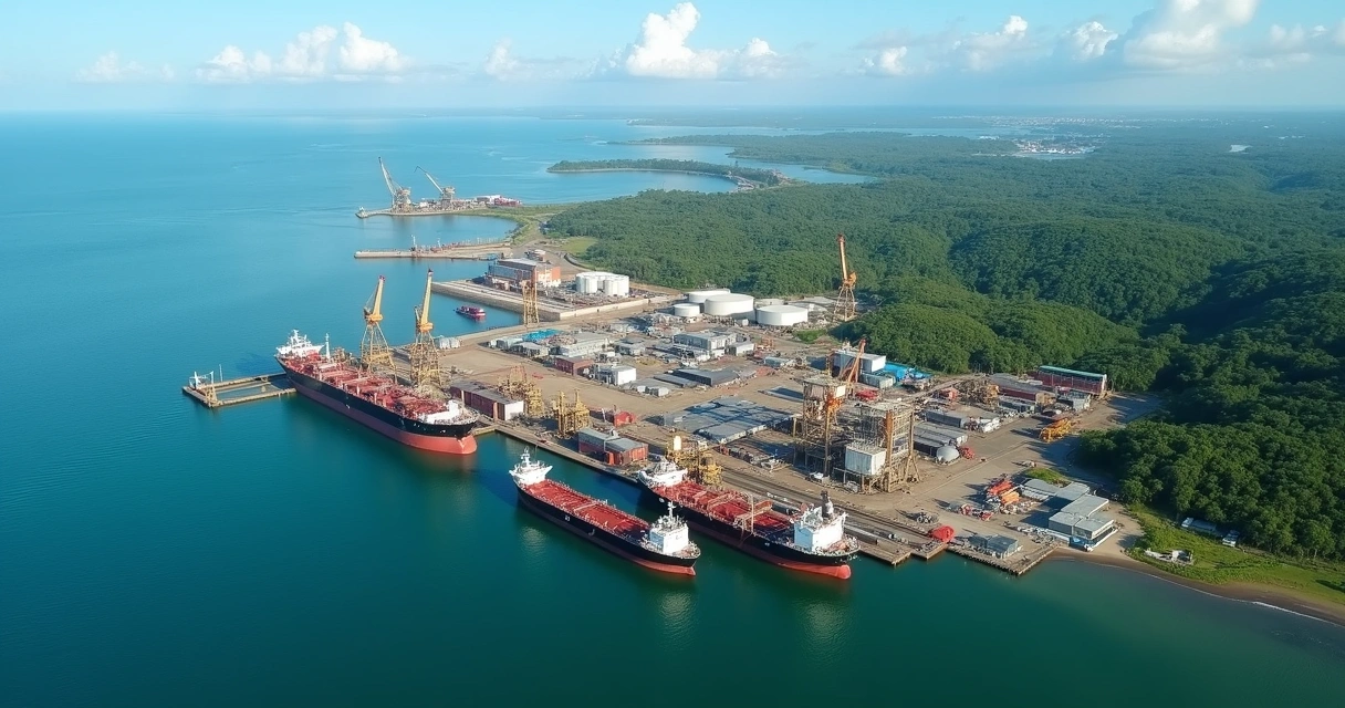 Terminal portuário para exportação de petróleo na Guiana, com navios-tanque 