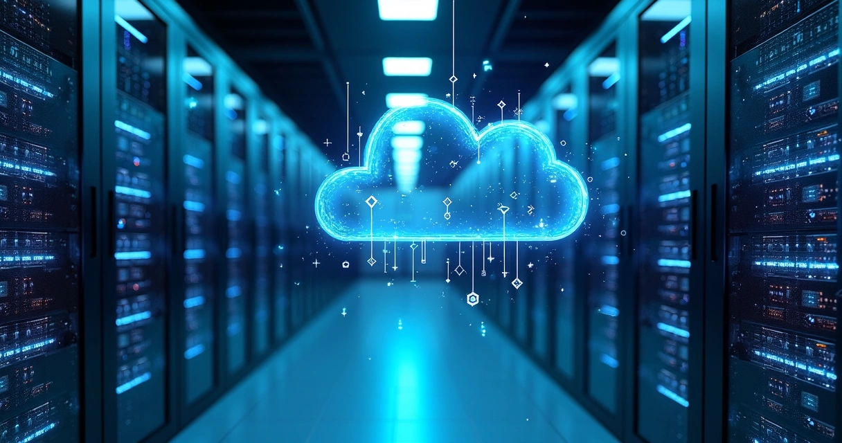 Sala de data center com servidores físicos e painéis digitais de nuvem e backup