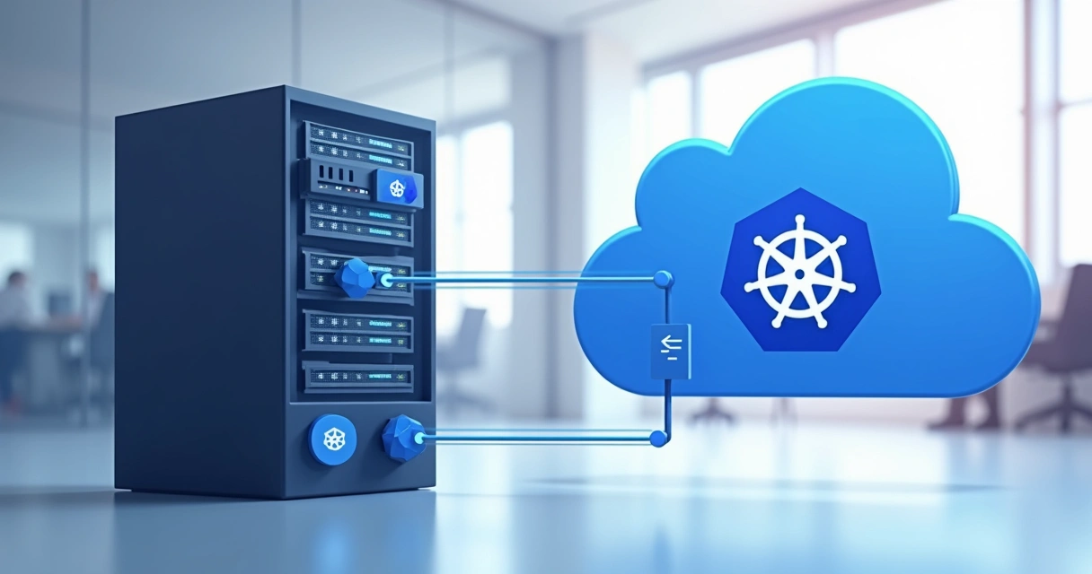 Ilustração de um servidor local conectado a uma nuvem, com clusters Kubernetes interligados 