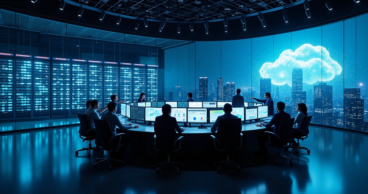 Sala de controle tecnológica com pontes digitais ligando datacenter local e nuvem 