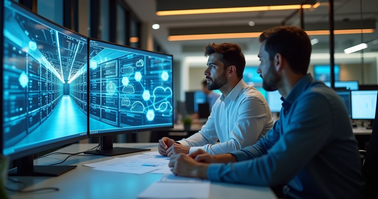 Infraestrutura híbrida conectando servidores locais e nuvem com sistemas integrados.