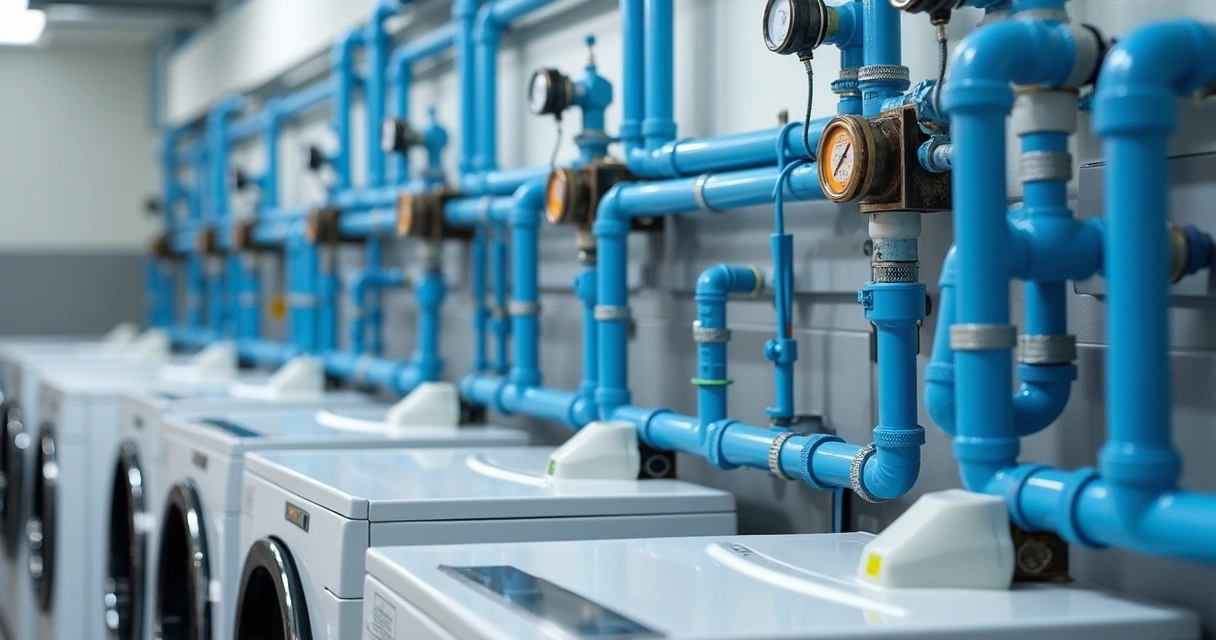 Infraestrutura de tubulações e registros em lavanderia de autoatendimento 