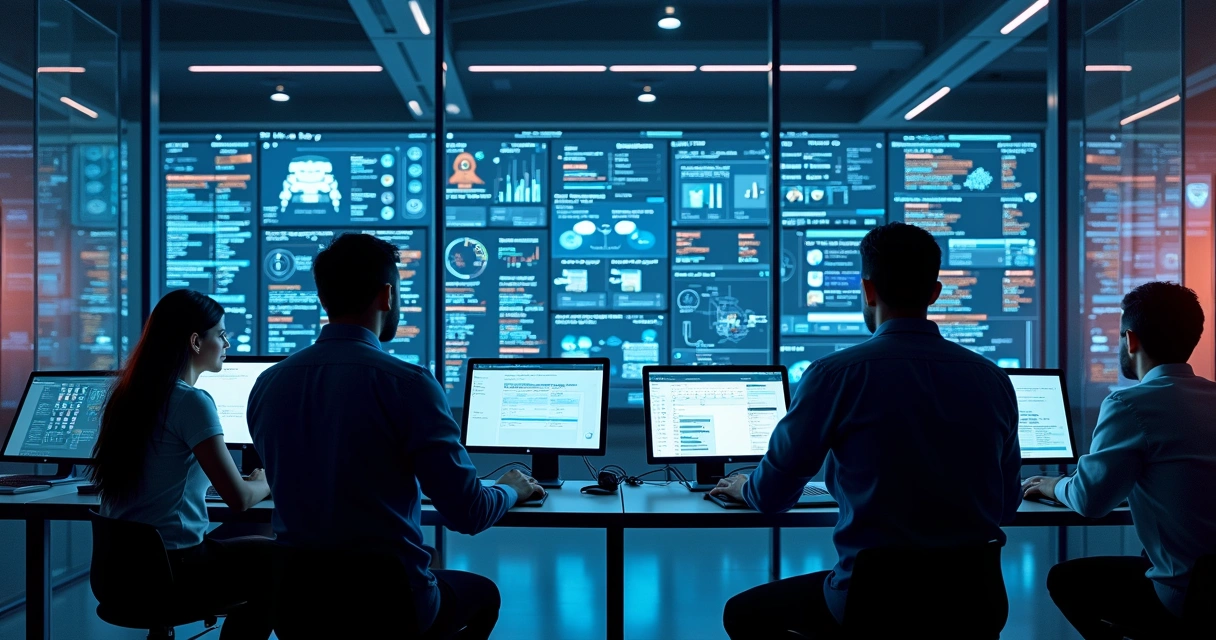 Equipe analisa servidor moderno com telas exibindo agentes de IA, gráficos e conexões em ambiente claro e tecnológico. 