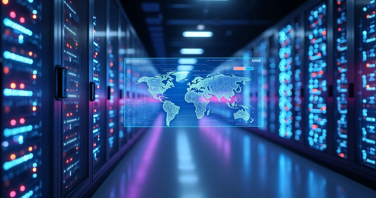 Servidores modernos em data center iluminado 