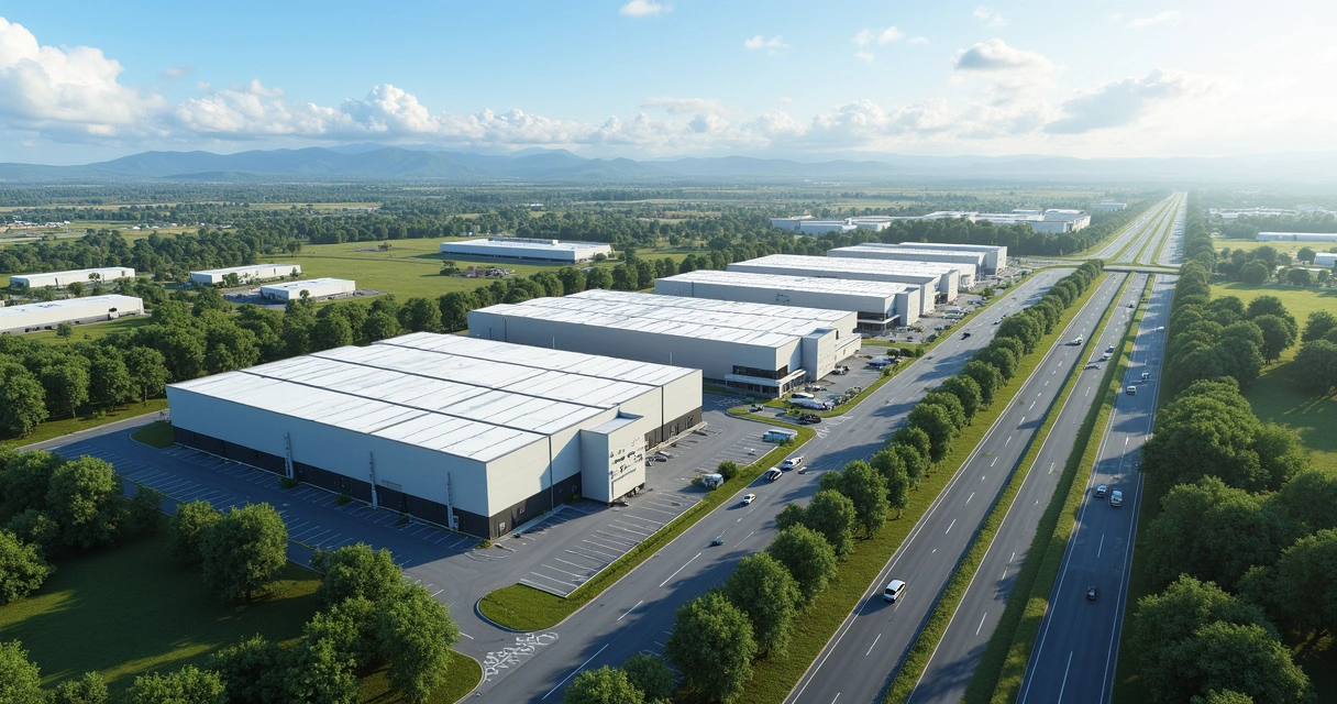 Vista aérea de infraestrutura industrial de Paulínia, com galpões e ruas bem planejadas 