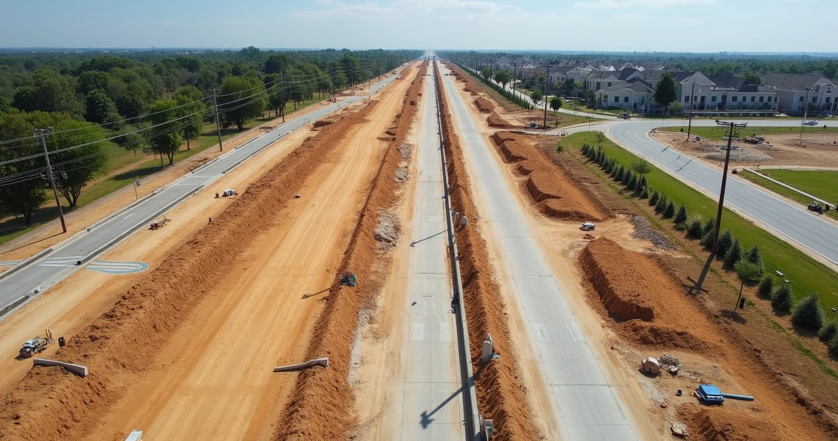 Visão aérea de loteamento urbano em implantação com ruas abertas e infraestrutura básica 
