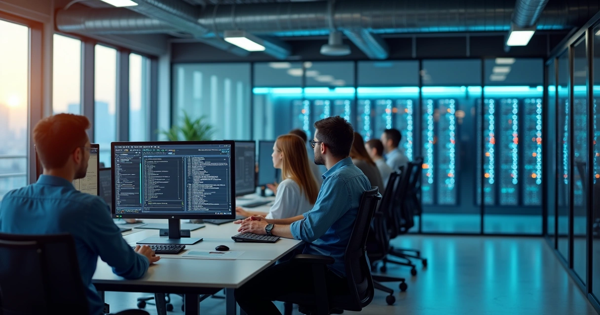 Infraestrutura de servidores e profissionais de marketing digital trabalhando 