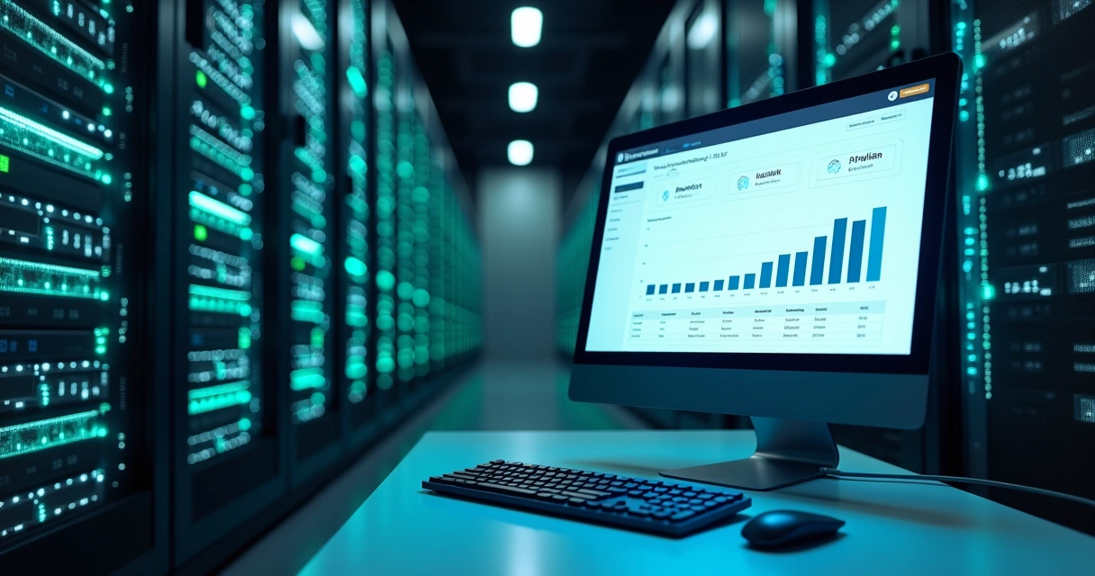 Centro de dados moderno com servidores iluminados e tela de computador com painel Mautic aberto 