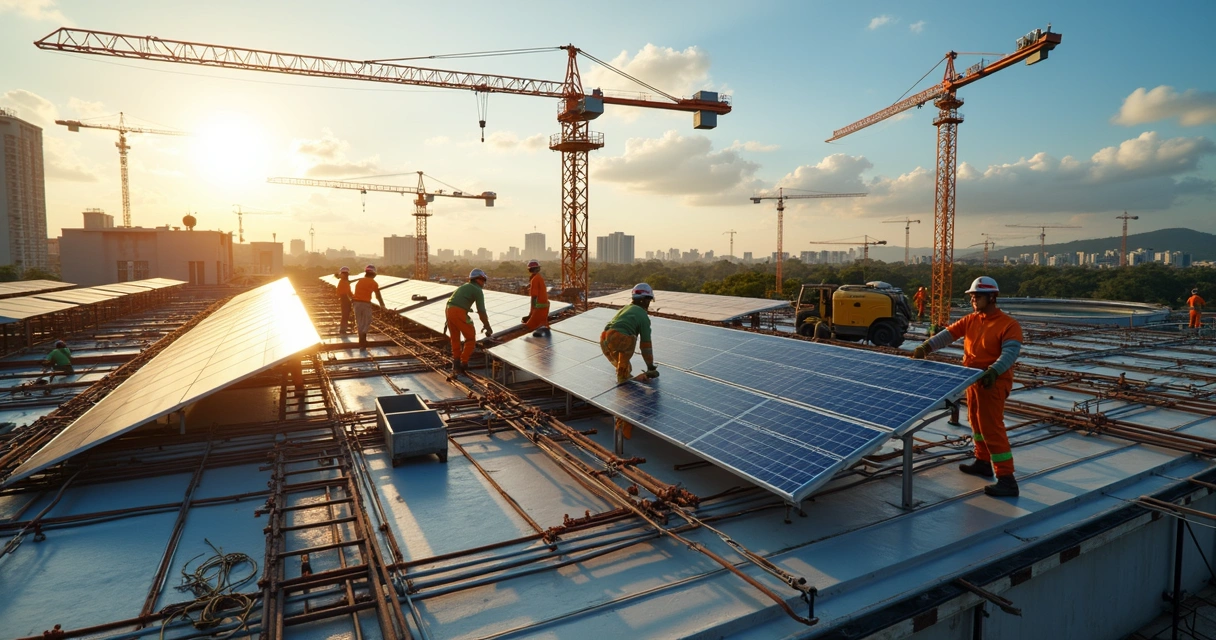 Obra de infraestrutura com painéis solares e equipamentos elétricos modernos 