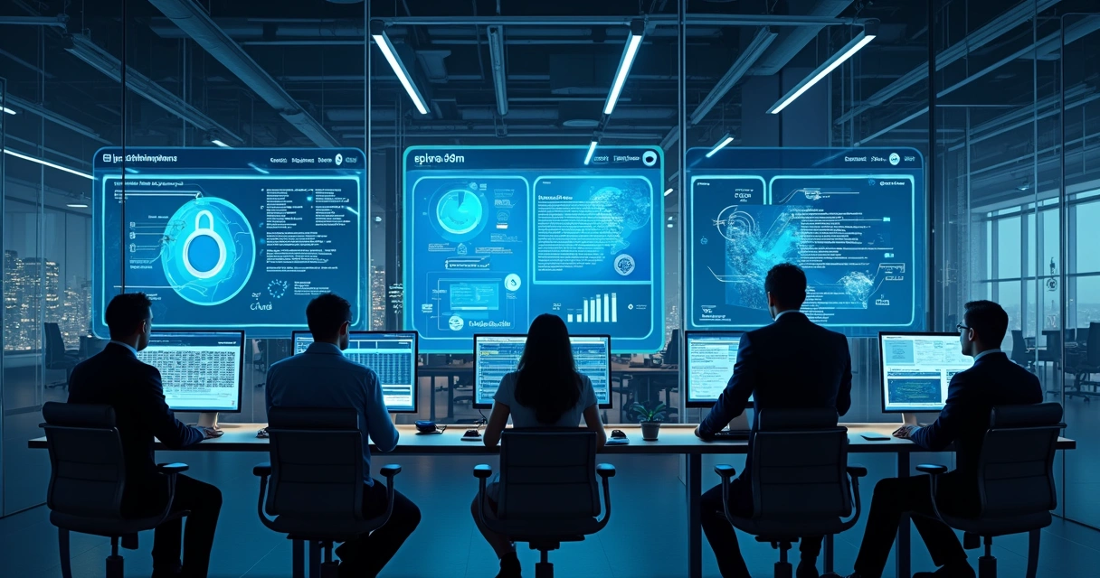 Equipe de TI monitorando painéis digitais e servidores em ambiente corporativo 