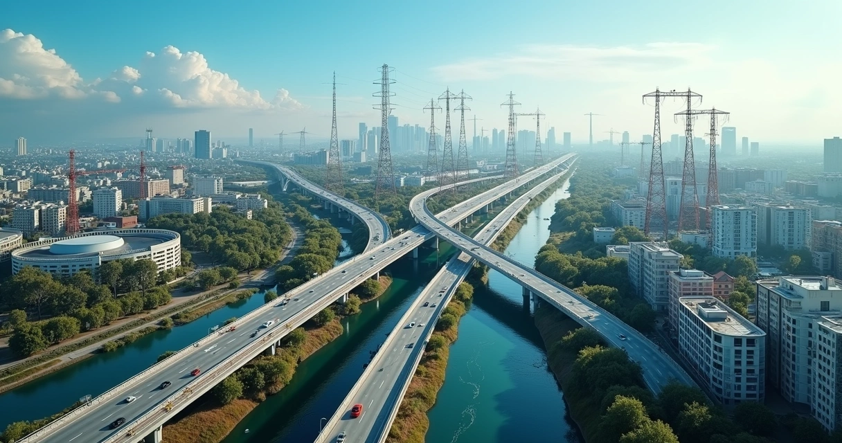 Vista aérea detalhada mostrando diversos setores de infraestrutura: estradas, linhas de energia, torres de telecomunicação e sistemas de saneamento urbanos 