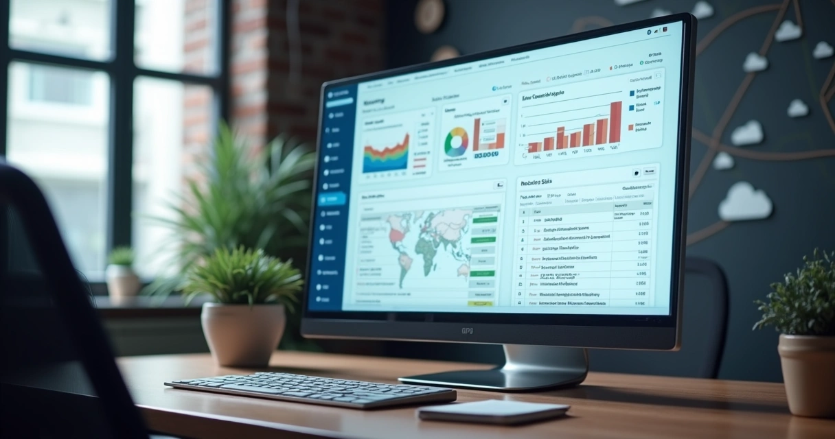 Monitor de computador mostra painel de auditoria em nuvem 