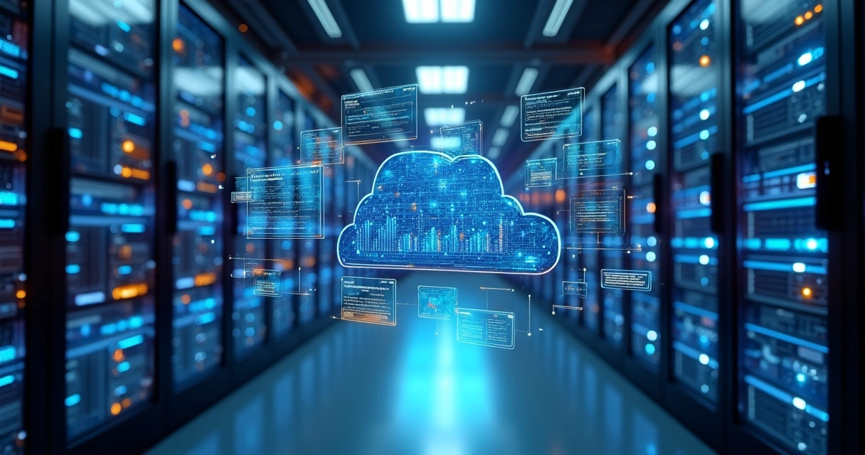 Infraestrutura cloud com servidores, gráficos e monitoramento em tempo real 