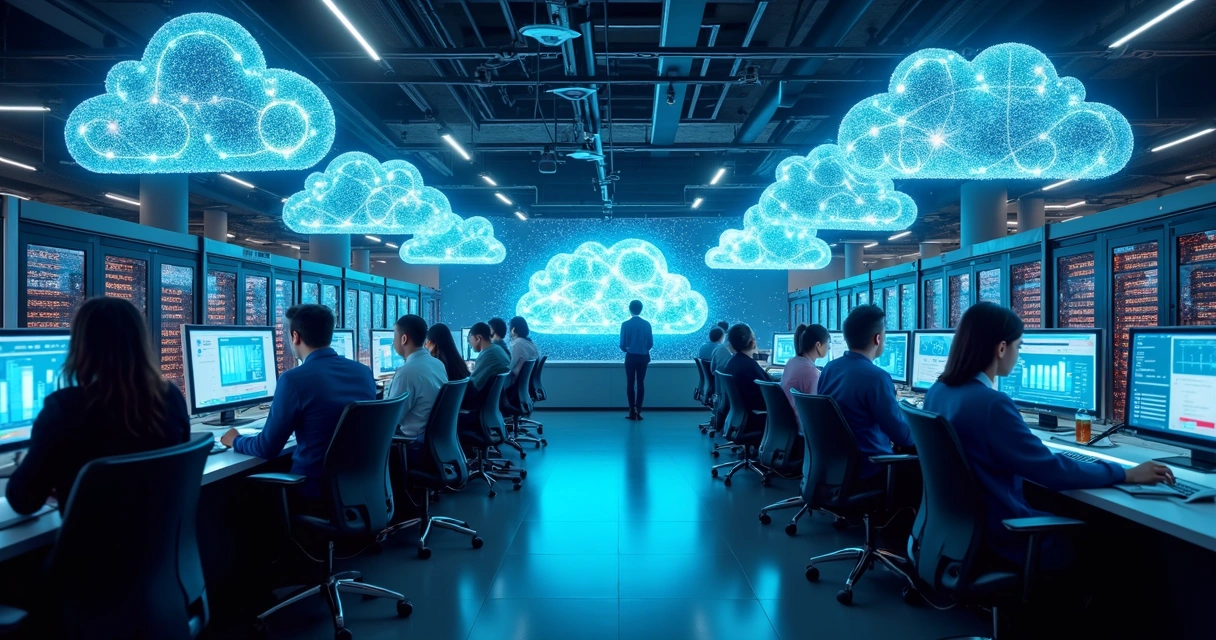 Infraestrutura de nuvem empresarial com servidores, computadores e gráficos digitais holográficos mostrando conexões e dados 