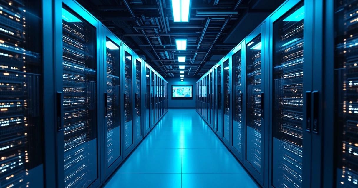 Sala de servidores moderna com iluminação azul e redes digitais interligadas 