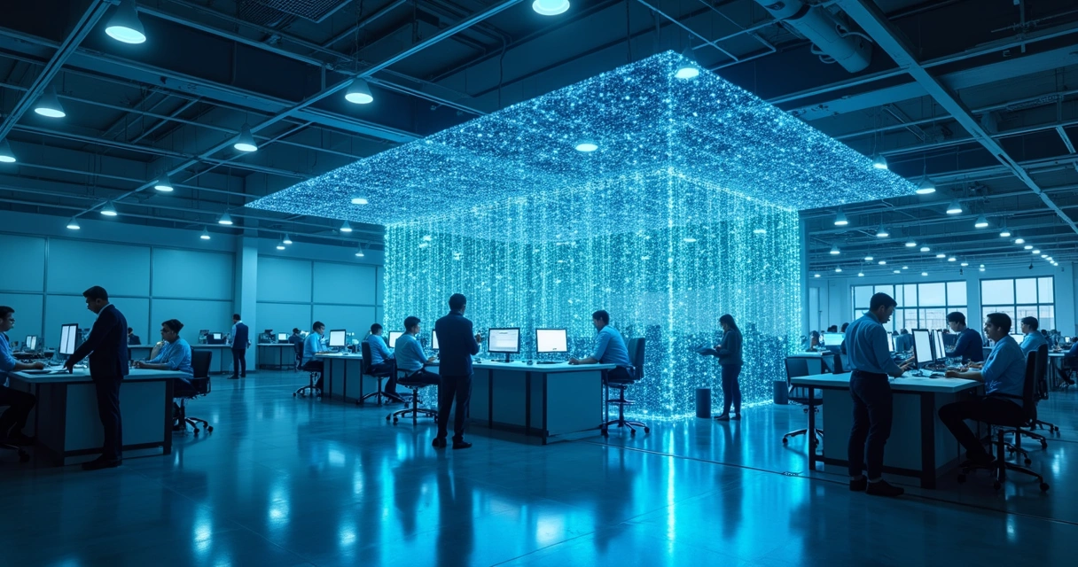 Servidor em nuvem conectado com fábrica automatizada ao fundo 