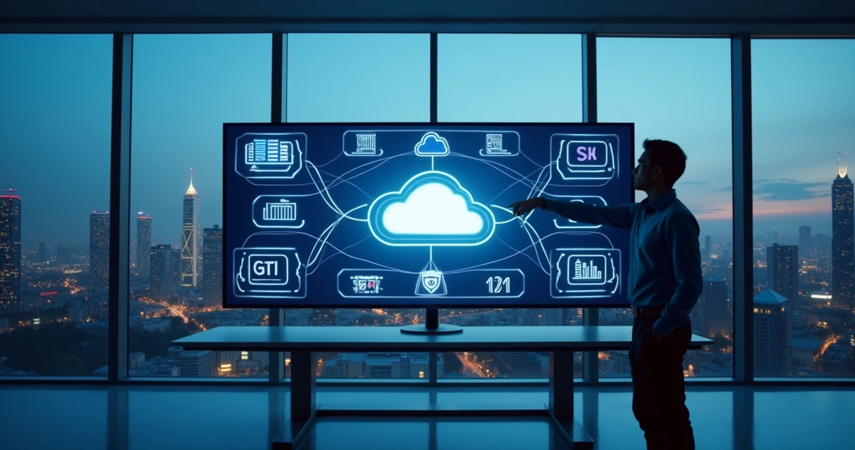 Painel com arquitetura de nuvem para SaaS exibida em telas sobre uma cidade conectada 