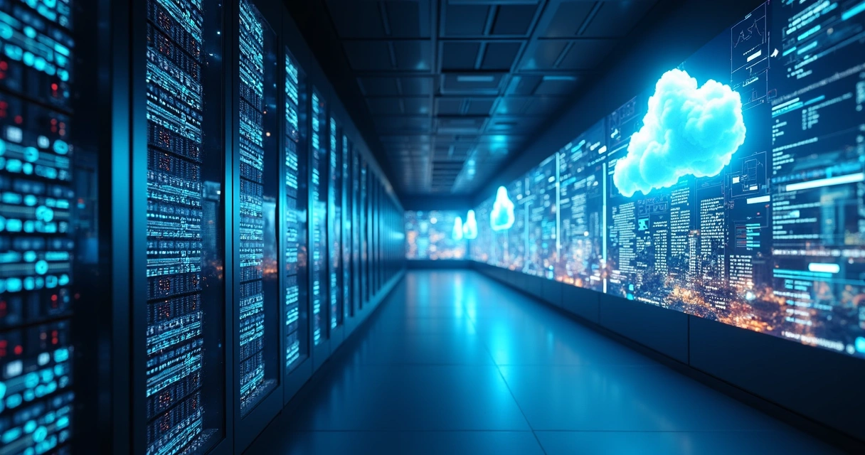 Sala de servidores modernos e conexão em nuvem 