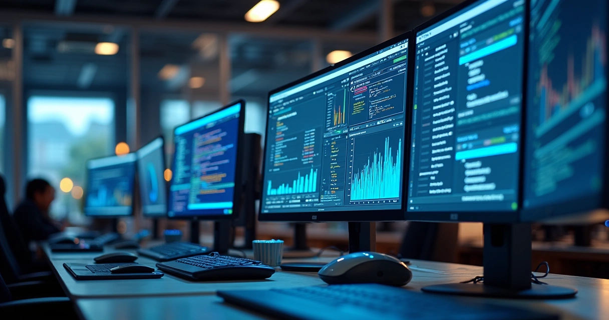 Mesa de trabalho com múltiplas telas mostrando dashboards de pagamentos online, gráficos de transações e códigos de API, ambiente moderno e iluminado com detalhes tecnológicos 