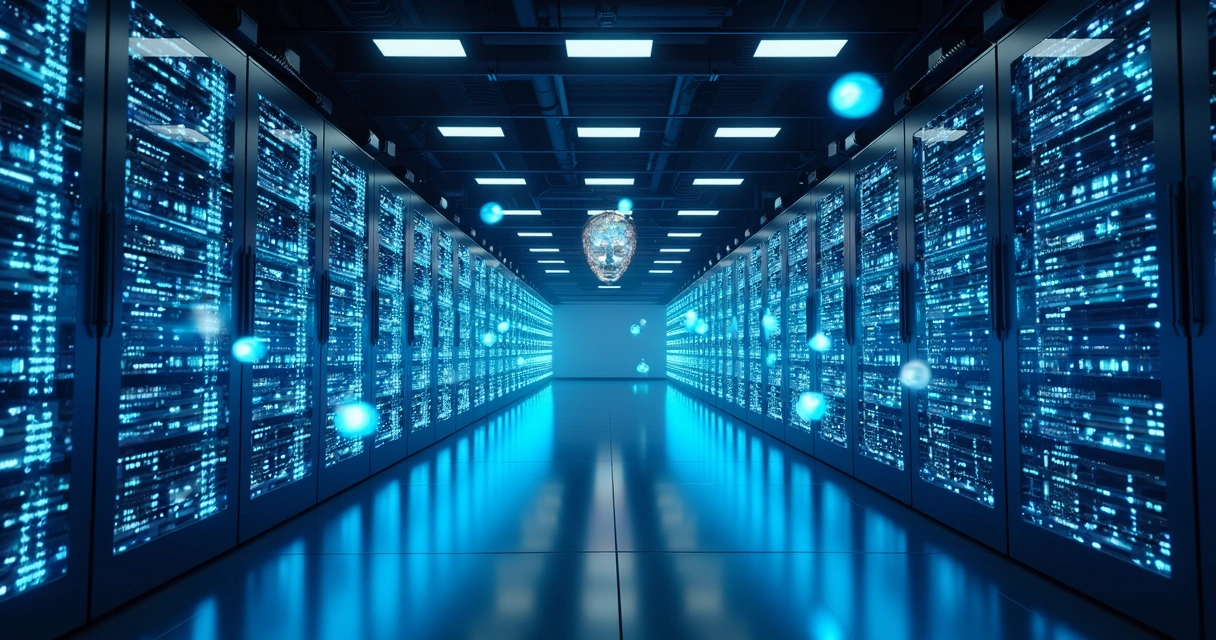 Servidores de alta tecnologia em data center com luzes LED azuis