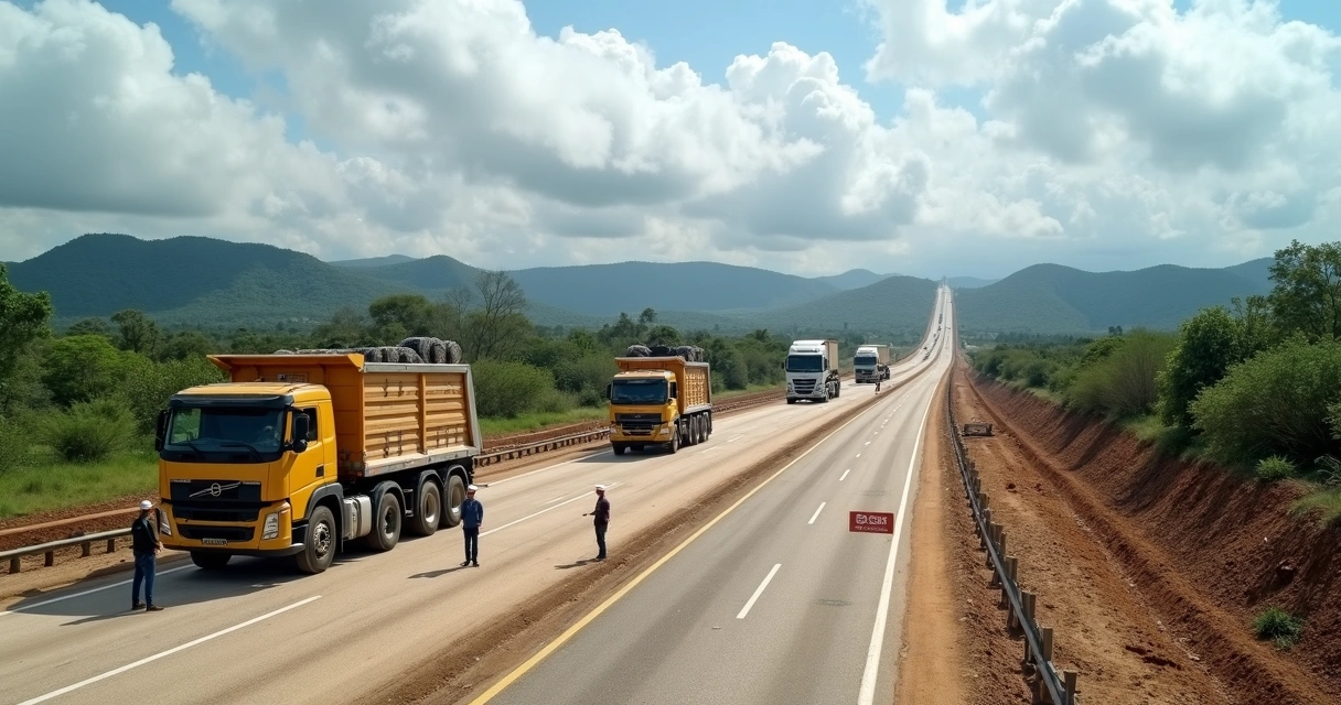 Obras de modernização em rodovia paranaense com caminhões e maquinário pesado