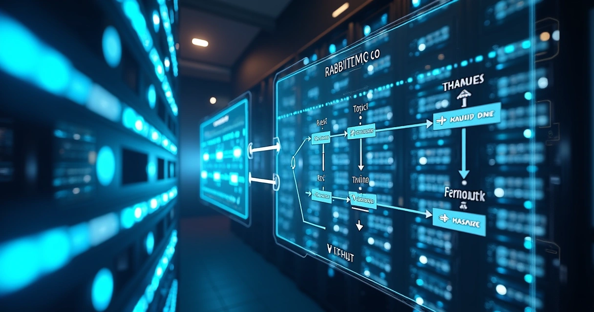 Infraestrutura de servidores com fluxos de mensagens em filas RabbitMQ exibidos em telas modernas de monitoramento 