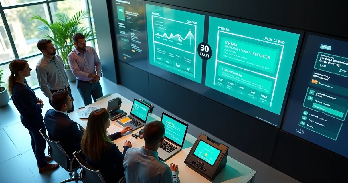 Equipe acompanhando cronograma de implementação financeira digital 