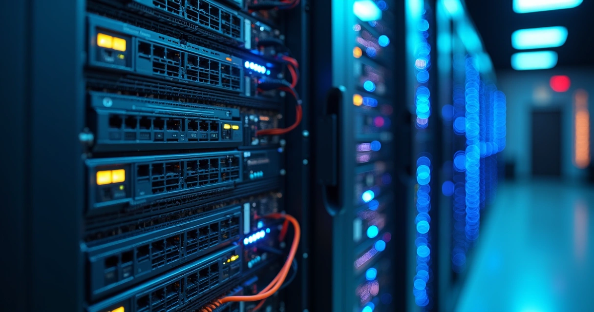 Servidores e equipamentos de rede em um rack iluminado em centro de dados