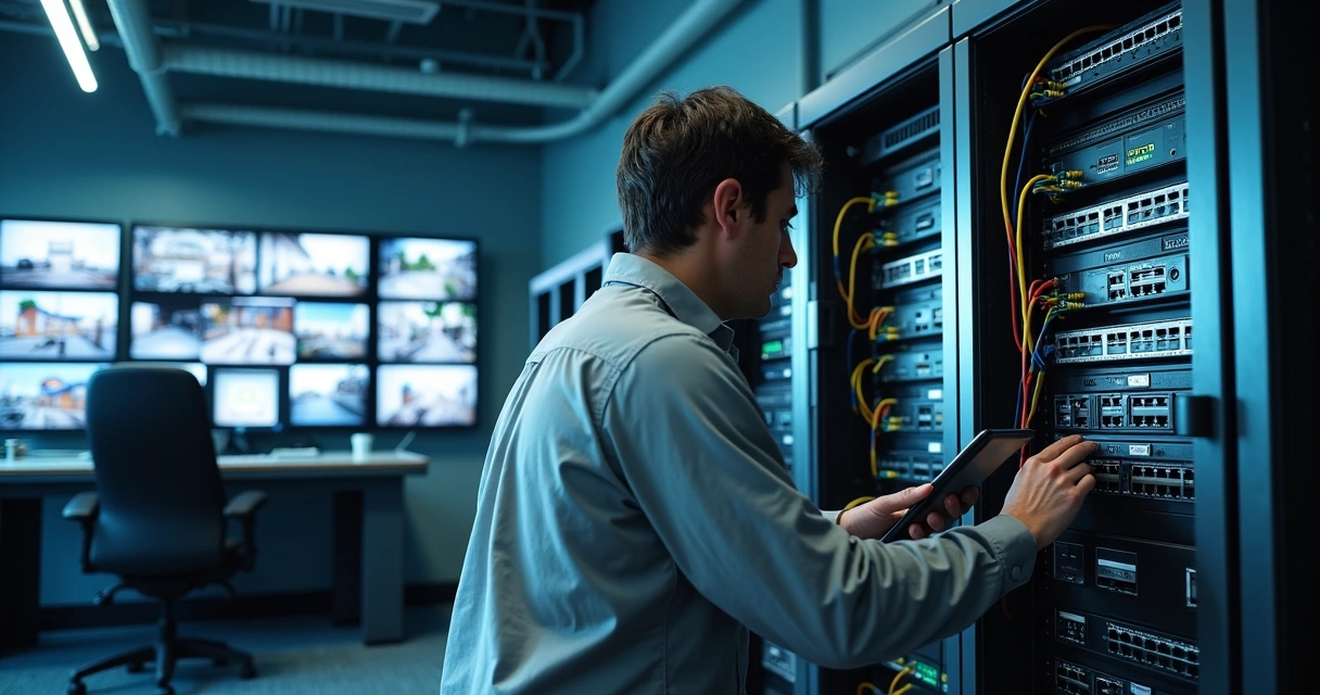 Técnico configurando infraestrutura de rede para sistema de segurança eletrônica em rack organizado 
