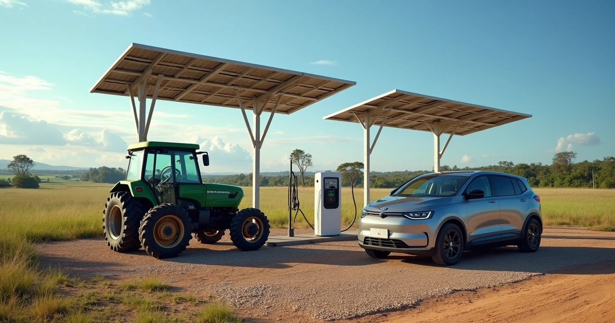 Infraestrutura de recarga em área rural com painéis solares 