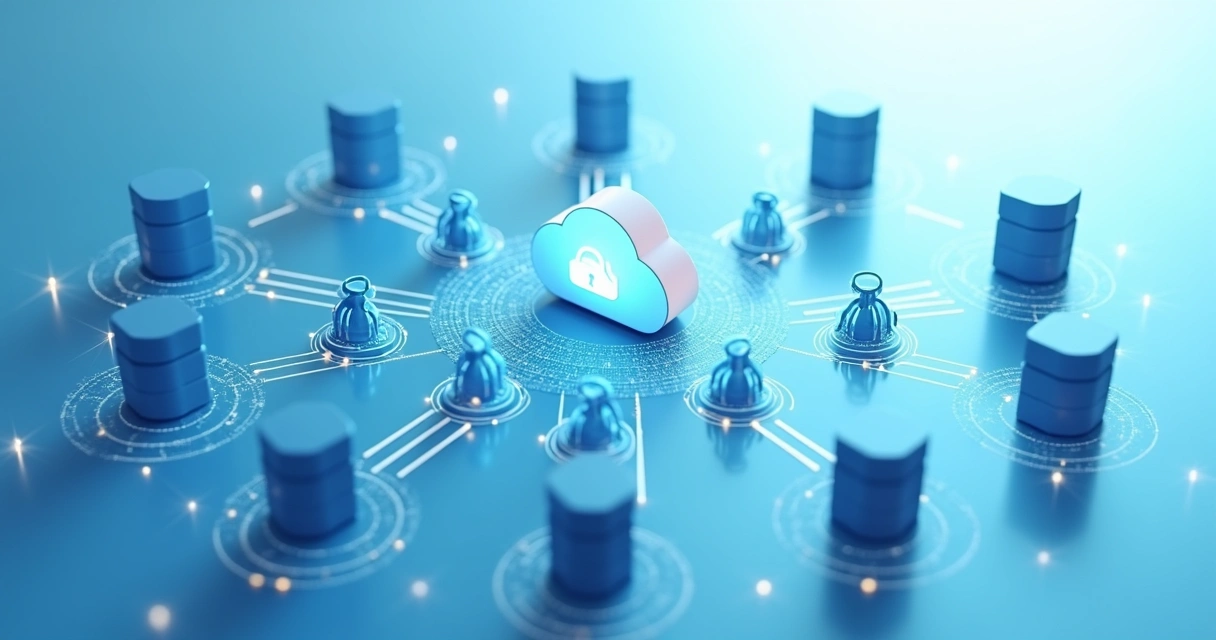 Rede virtual de servidores conectados em nuvem, com gráficos de dados exibidos ao fundo 