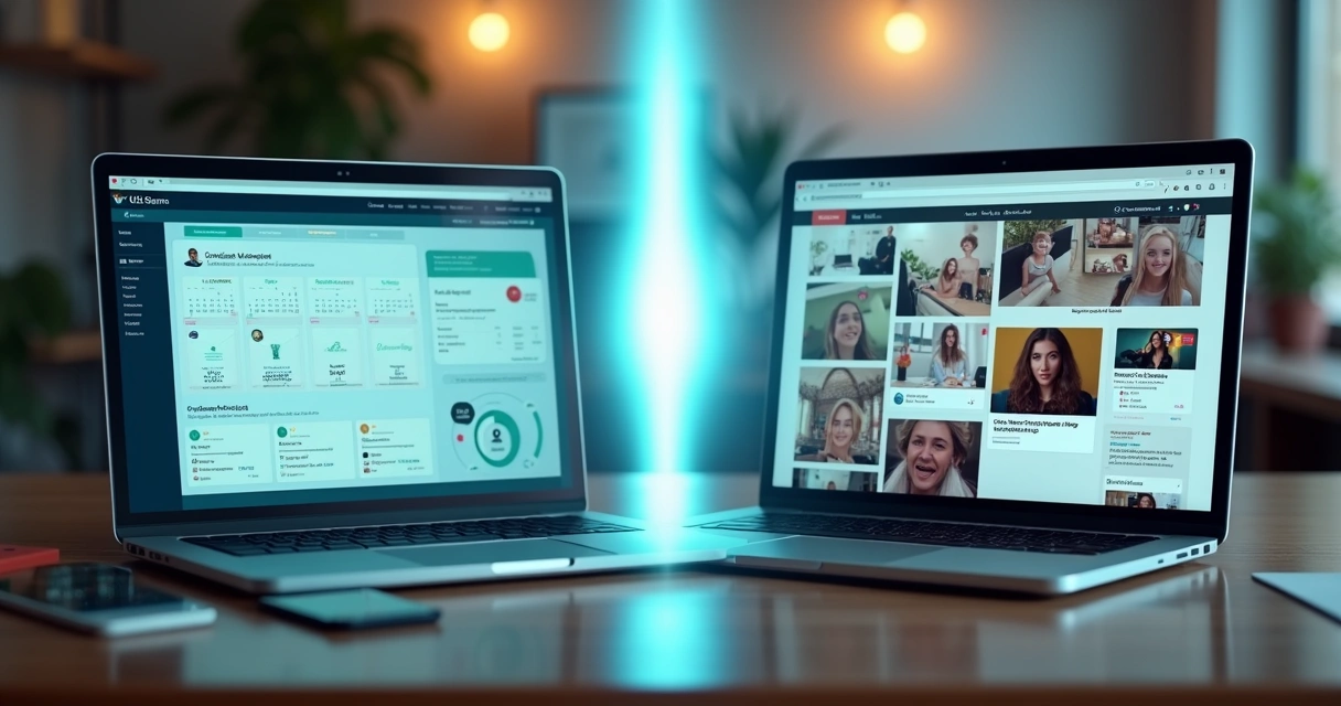 Comparação entre plataforma segura de bem-estar e site de anúncios inseguro em tela dividida 