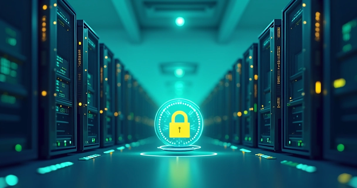 Servidor de hospedagem com cadeado de segurança e velocímetro ao lado 