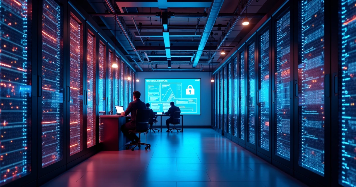 Rack de servidores moderno com painéis coloridos acesos 