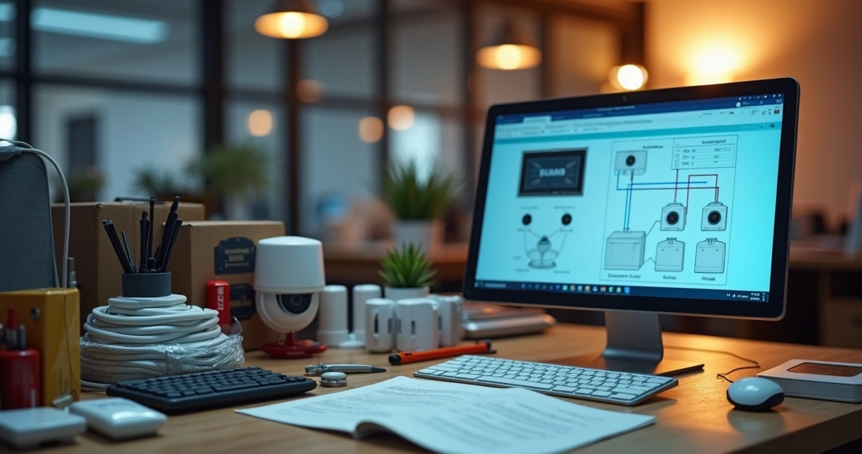 Mesa de trabalho organizada com ferramentas, cabos e manual de instalação 