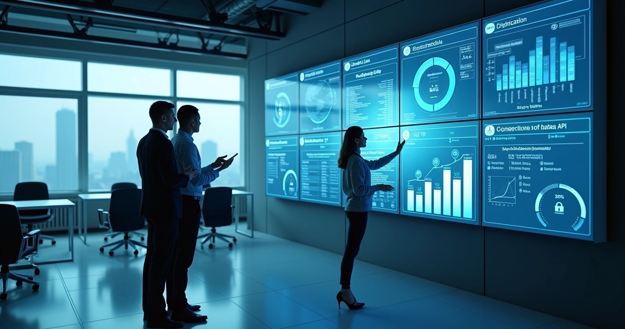 Interface digital, pessoas de diferentes áreas usando dashboards e APIs de dados
