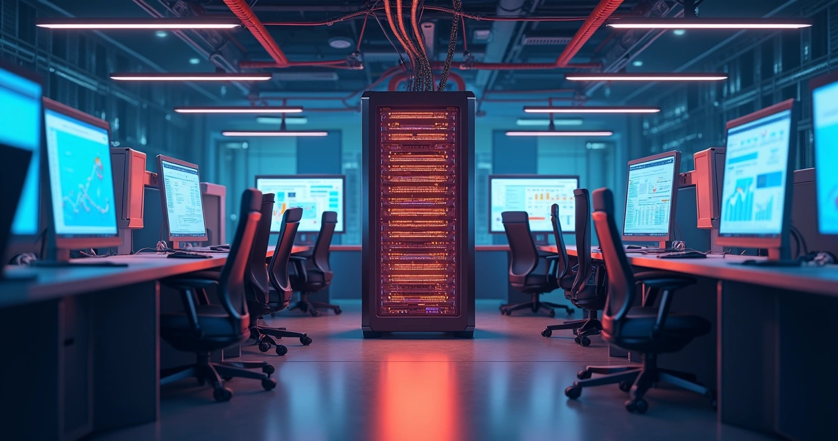 Ilustração de servidor centralizado e cabos de rede em escritório contábil 