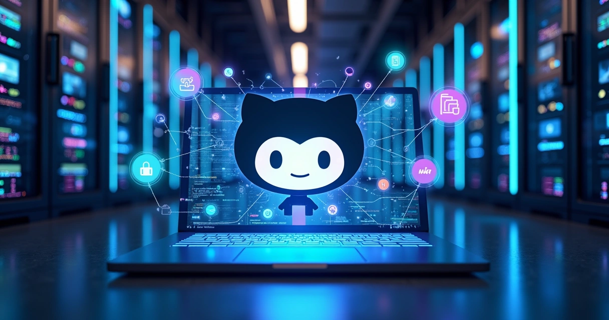 Estrutura detalhada de servidor conectado ao GitHub com ícones de colaboração e deploy automático 