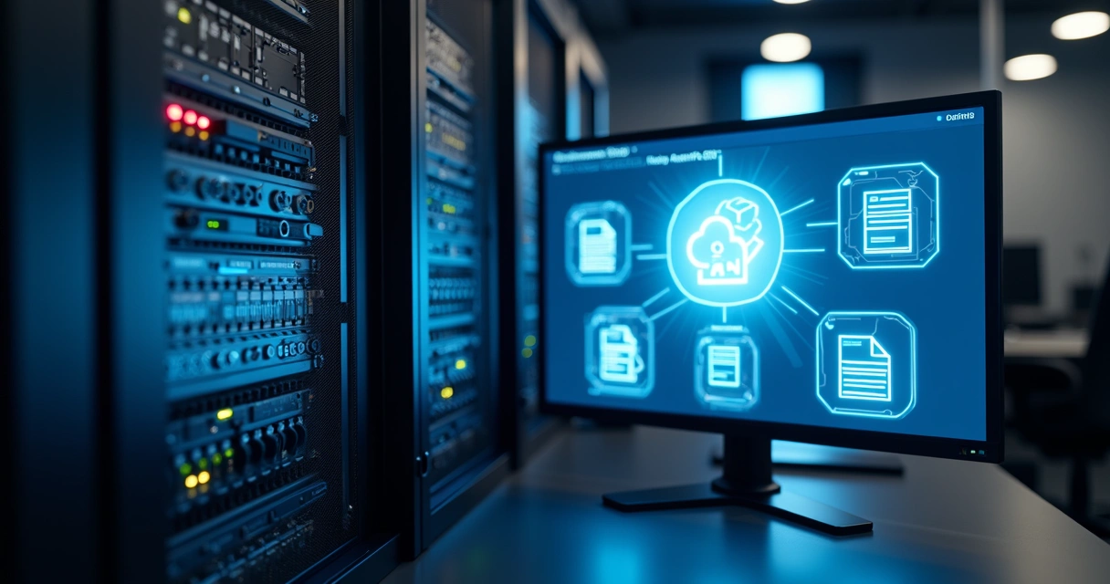 Servidor em rack com painéis de status luminosos e monitor ao lado exibindo conexão com sistemas fiscais eletrônicos 