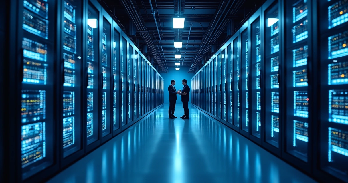 Racks de servidores e luzes azuis em data center moderno 