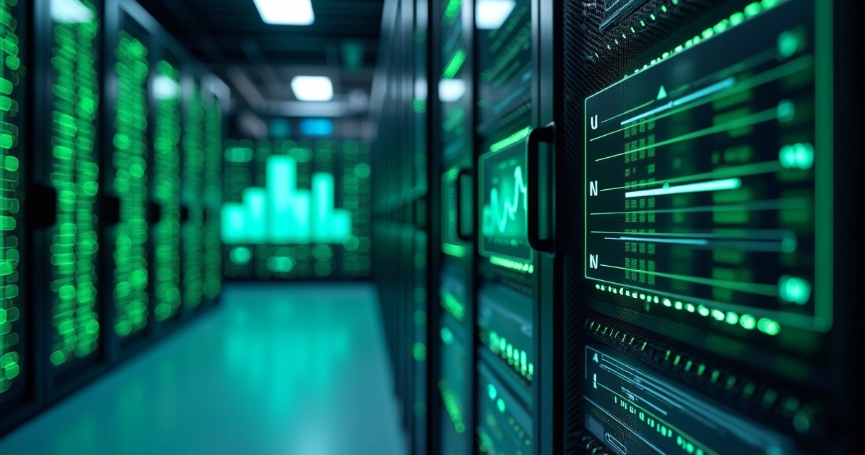 Ilustração de servidores em uma sala de data center, luzes verdes indicando funcionamento estável 