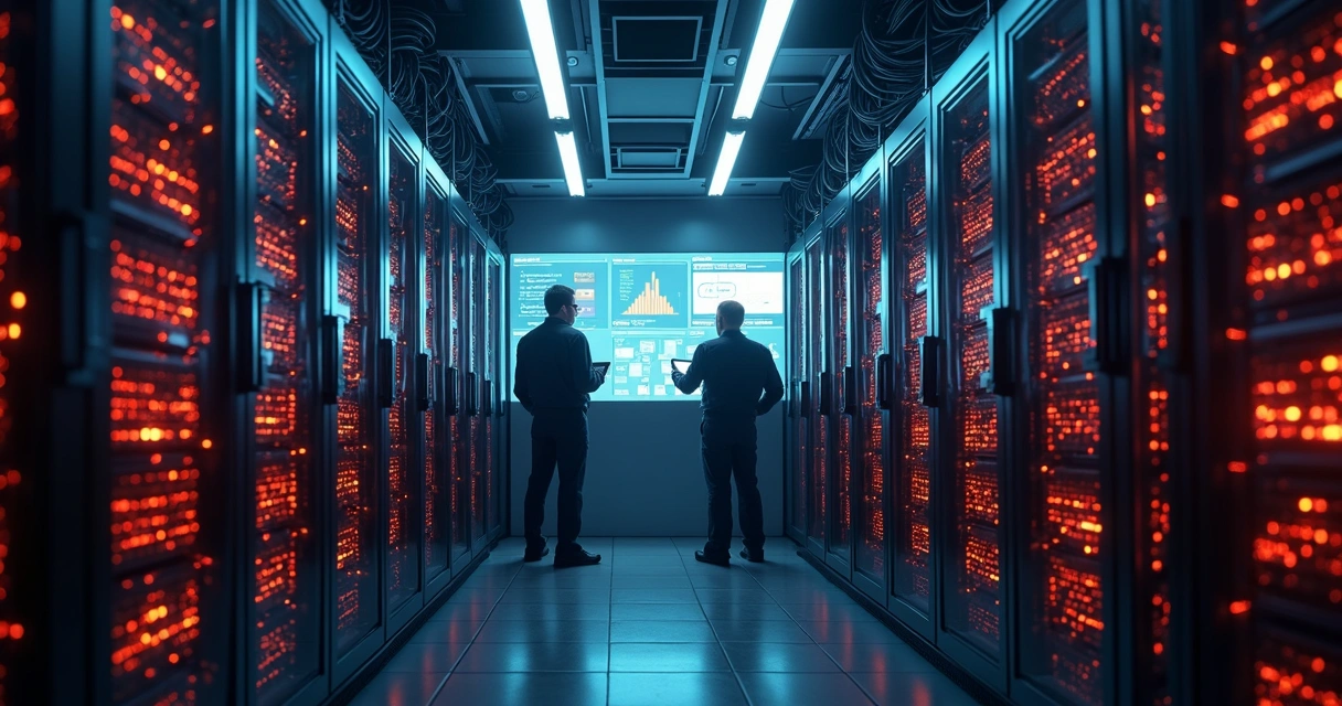 Servidores em data center mostrando atividade alta e luzes piscando.