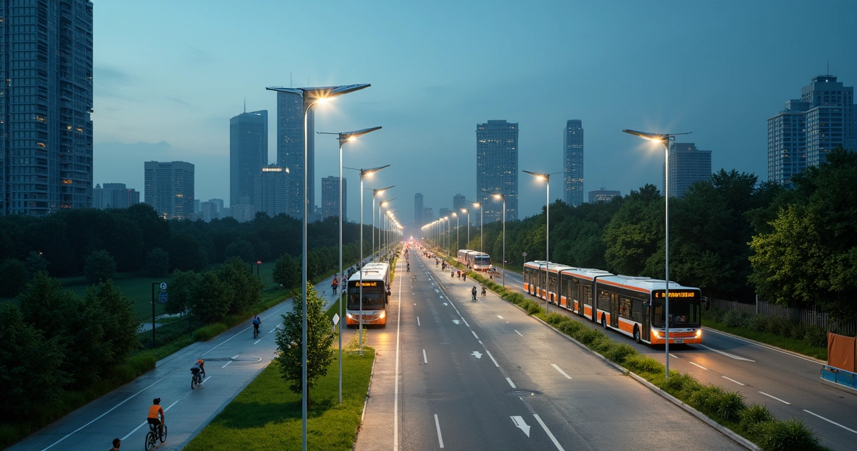 Obras de infraestrutura sustentável com iluminação pública LED em área urbana