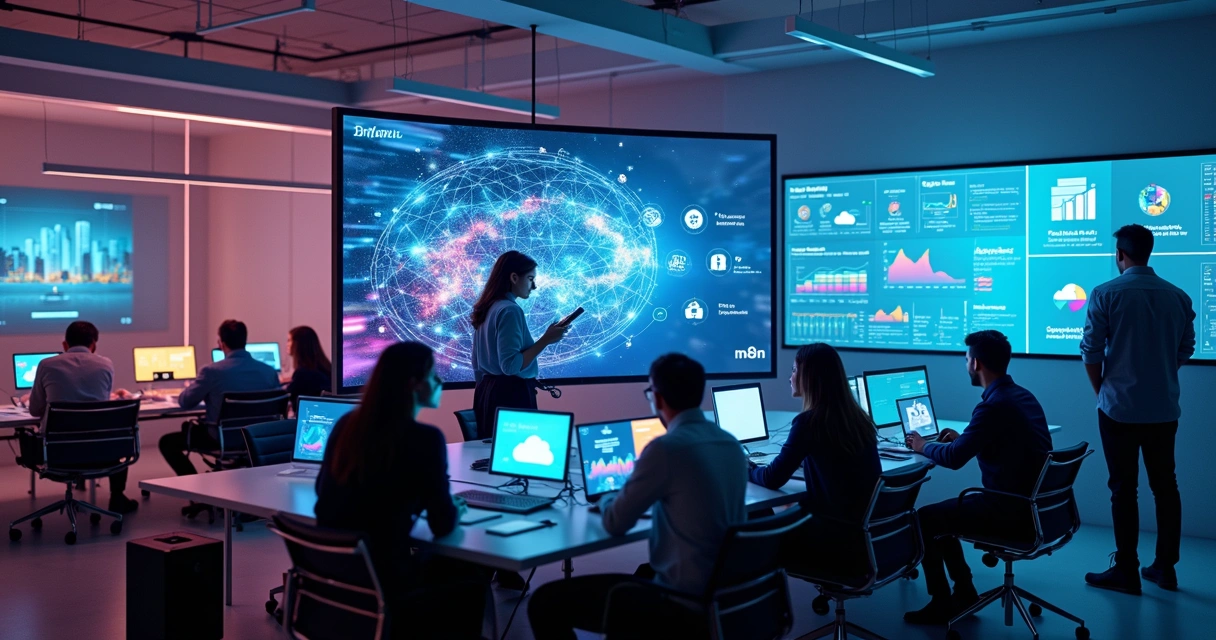 Sala moderna com telas mostrando gráficos de tecnologia e infraestrutura digital 