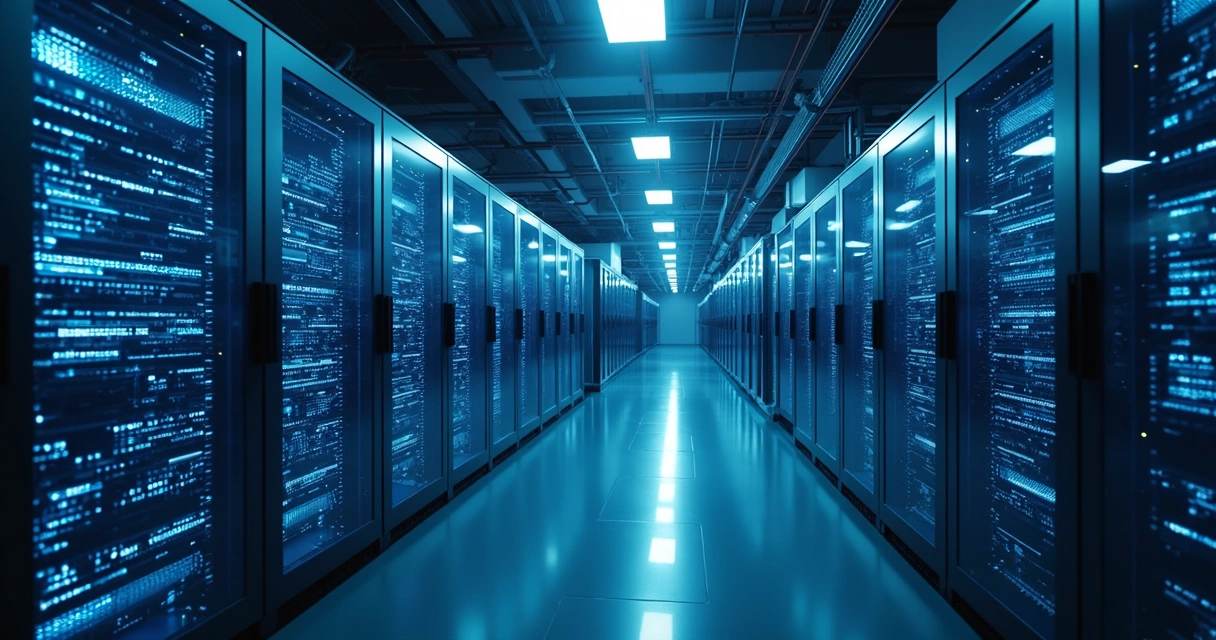 Infraestrutura tecnológica com servidores, nuvens digitais e ícones de ferramentas open source interligados em fundo azul 