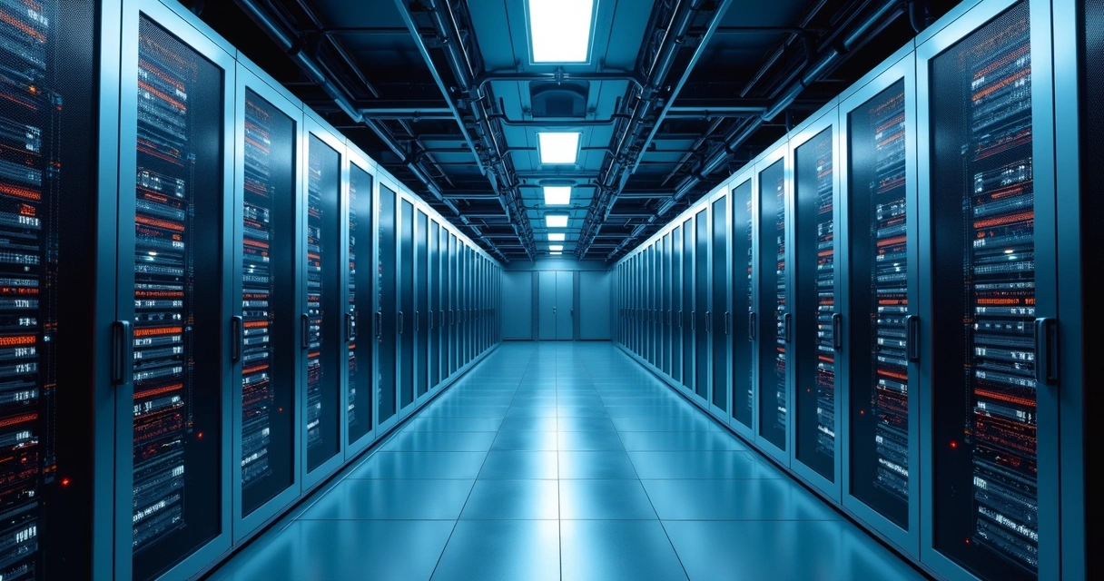 Painel de servidores de datacenter moderno com luzes e cabos organizados. 